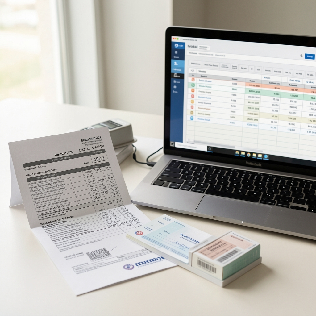 Extracto bancario impreso junto a un talonario de cheques y una computadora mostrando un registro contable en pantalla