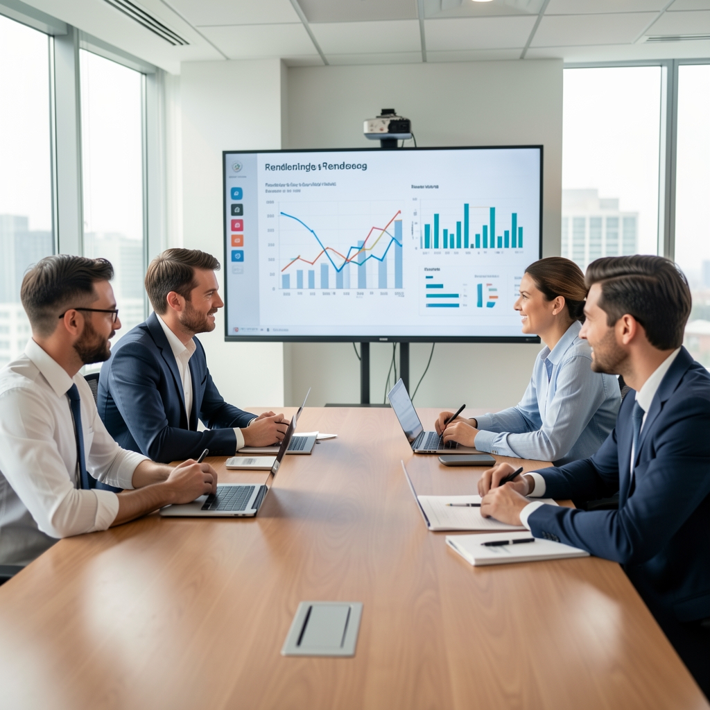 Grupo de profesionales analizando gráficos de rendimiento financiero en una sala de reuniones luminosa