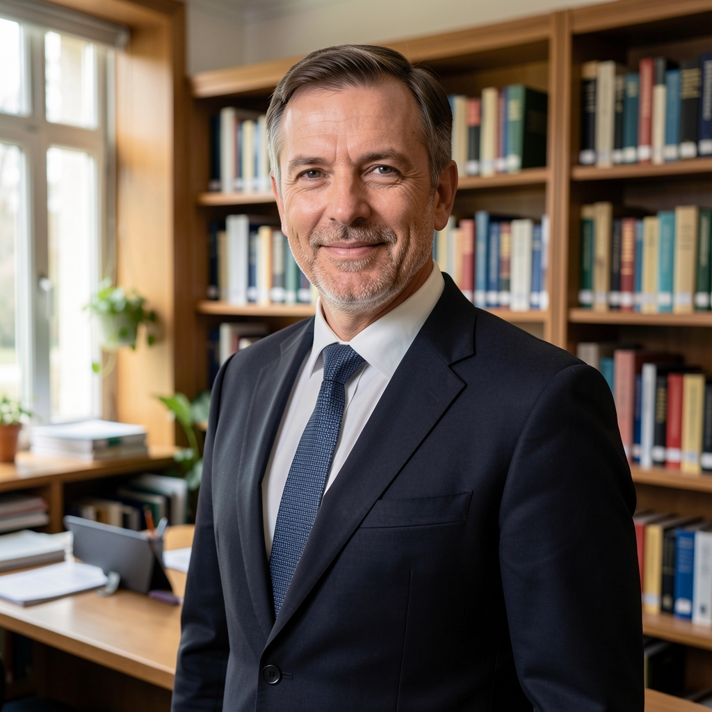 Retrato profesional de hombre de unos 45 años con saco oscuro, asesor de normativa contable, en una biblioteca de oficina
