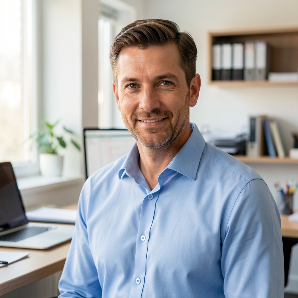 Retrato profesional de hombre de unos 35 años con camisa celeste, redactor especializado en contabilidad, en un espacio de trabajo luminoso