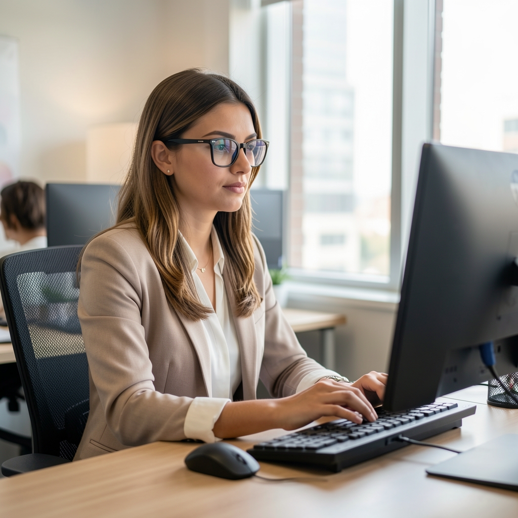 Retrato profesional de mujer joven de unos 28 años con anteojos, revisora de contenidos, sentada frente a una computadora en una oficina