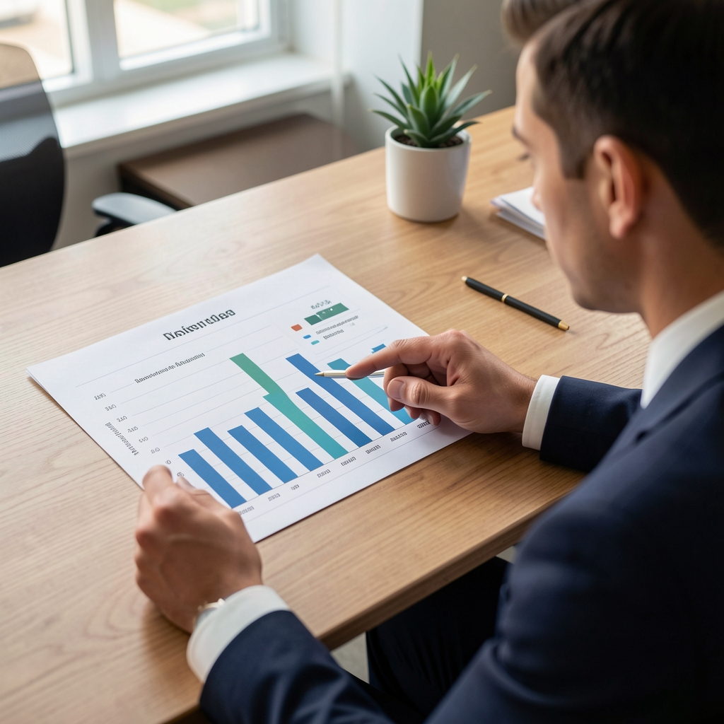 Persona señalando gráficos de barras en un informe de estados financieros impreso sobre una mesa de oficina