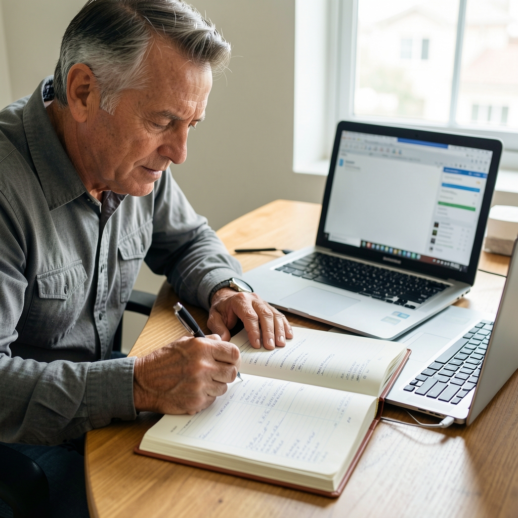 Contador escribiendo asientos contables a mano en un libro diario junto a una computadora portátil
