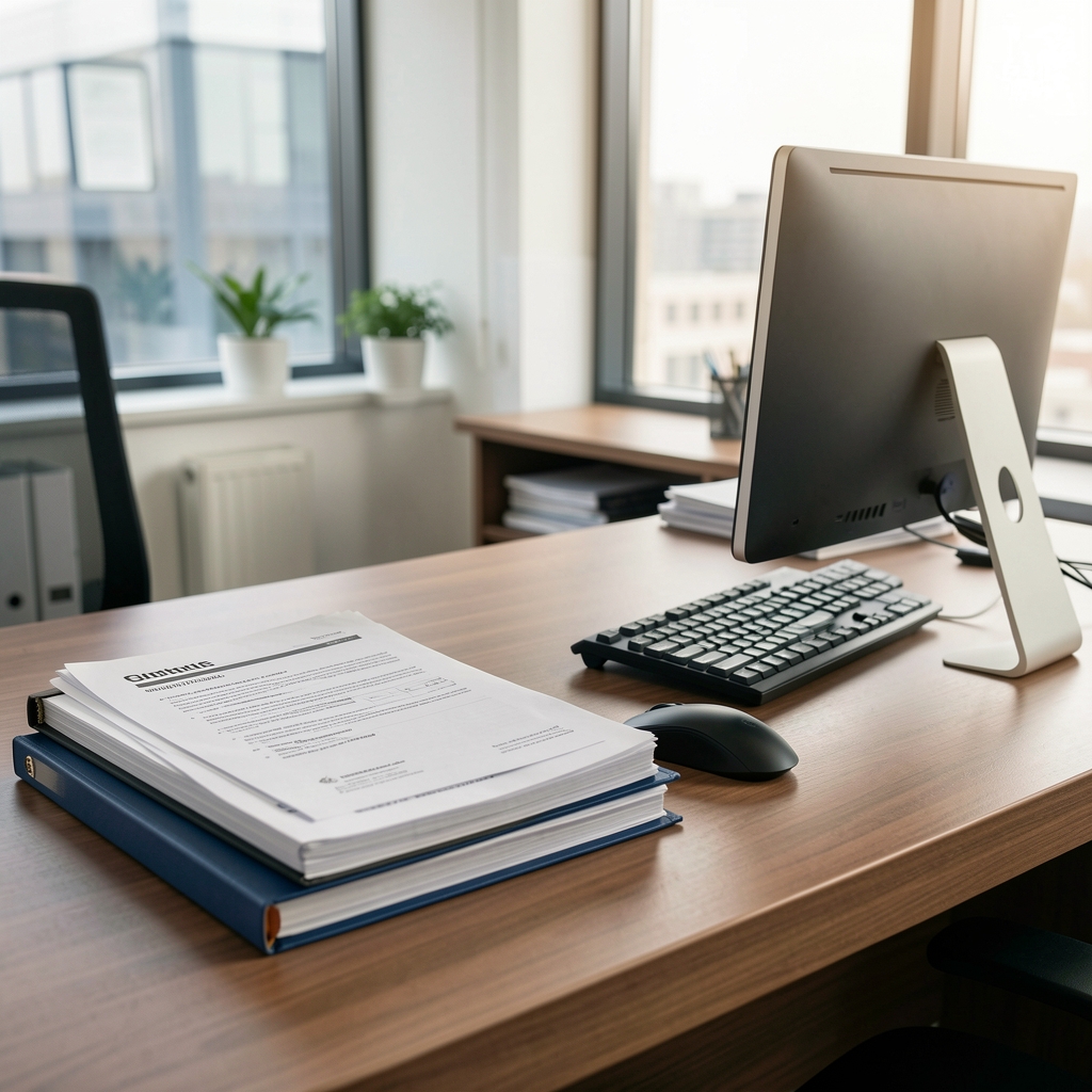 Documentos y carpetas de normativa contable ordenados sobre un escritorio junto a una computadora en una oficina profesional