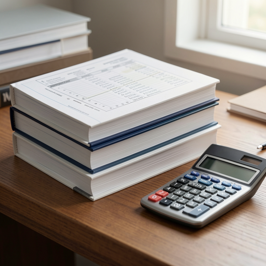 Libros de contabilidad y estados financieros apilados sobre un escritorio de madera junto a una calculadora