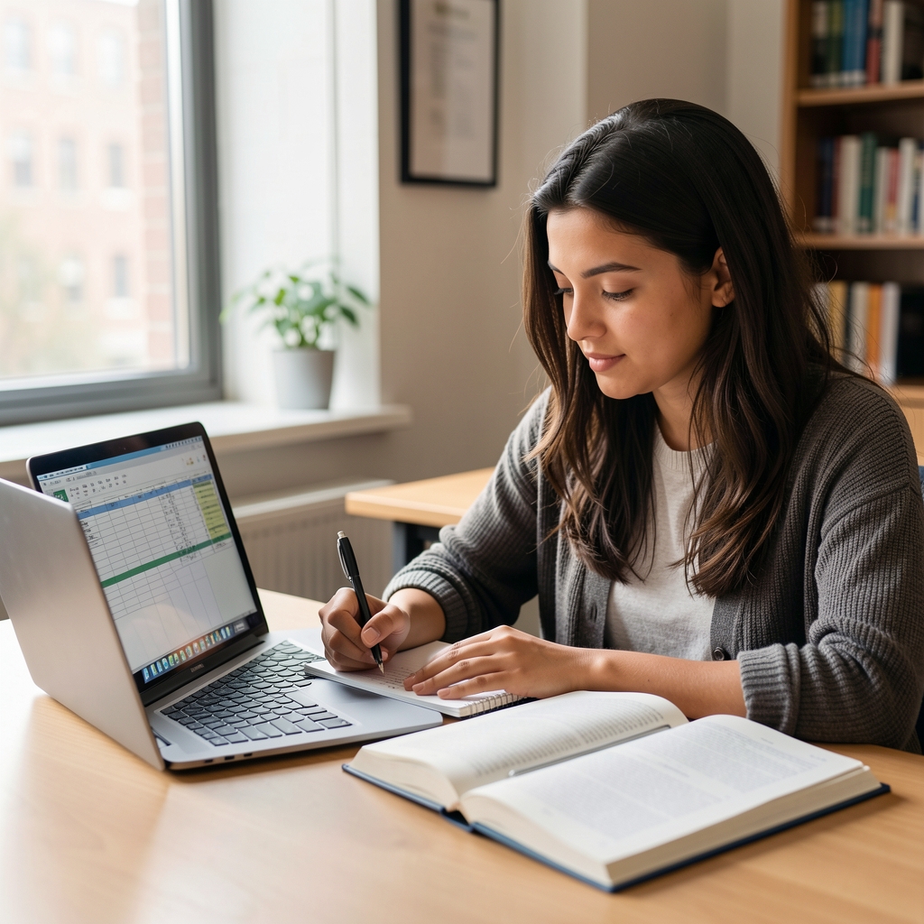 Estudiante universitaria tomando apuntes junto a una laptop con planillas de cálculo y un libro de contabilidad abierto