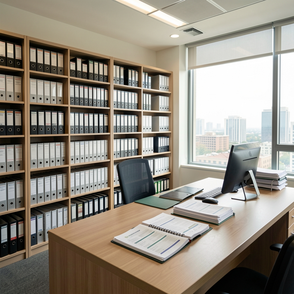 Interior de una oficina contable moderna con estanterías de carpetas ordenadas y un escritorio con documentos financieros